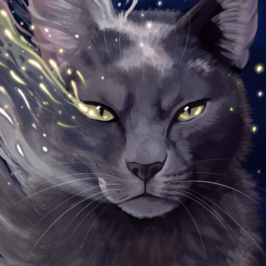 A digital painting of a grey cat with green eyes. The cat is melting into particles that look like water drops.