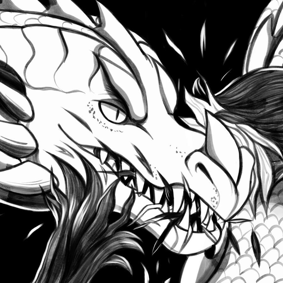 A black and white digital drawing of the dragon Níðhöggr - Nidhogg breaking through the root of Yggdrasil.