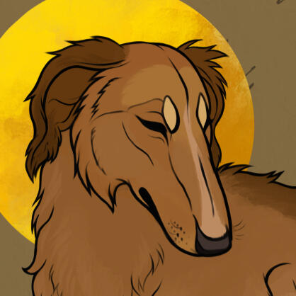 A brown sight hound laying down with a bright sun behind his head.